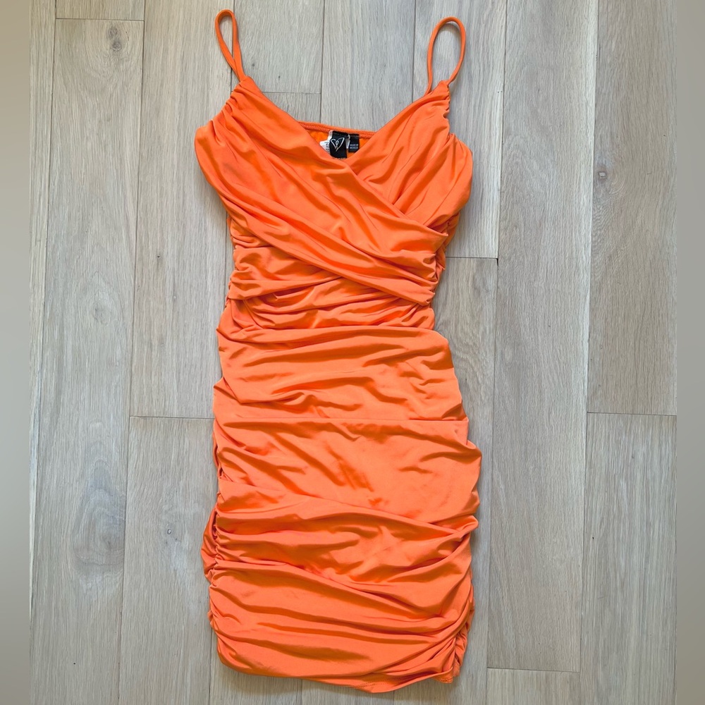 Windsor Orange Ruched Bodycon Plunge Neck Mini Dress XS